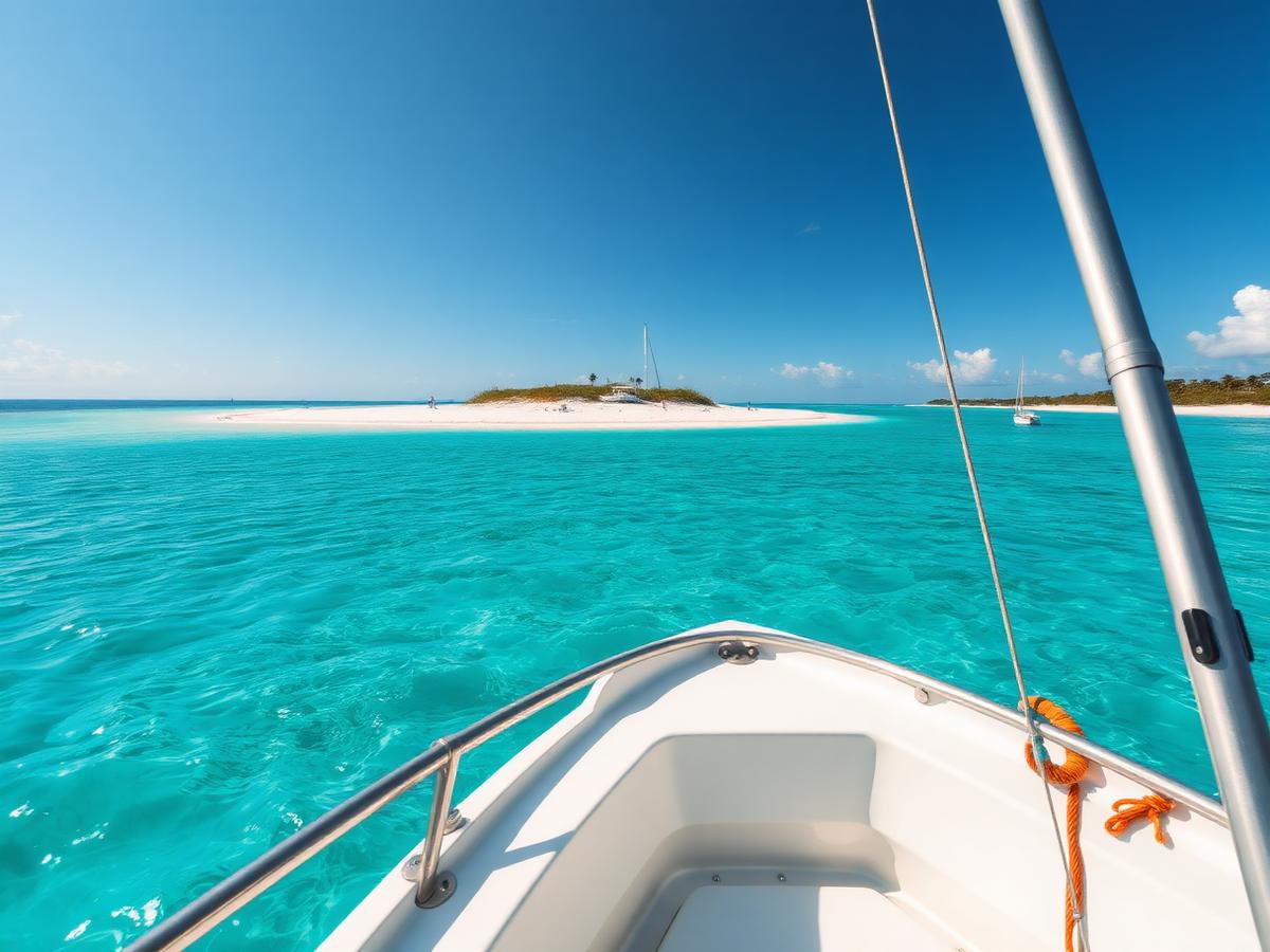 Boat anchored in clear turquoise water near a Florida sandbar