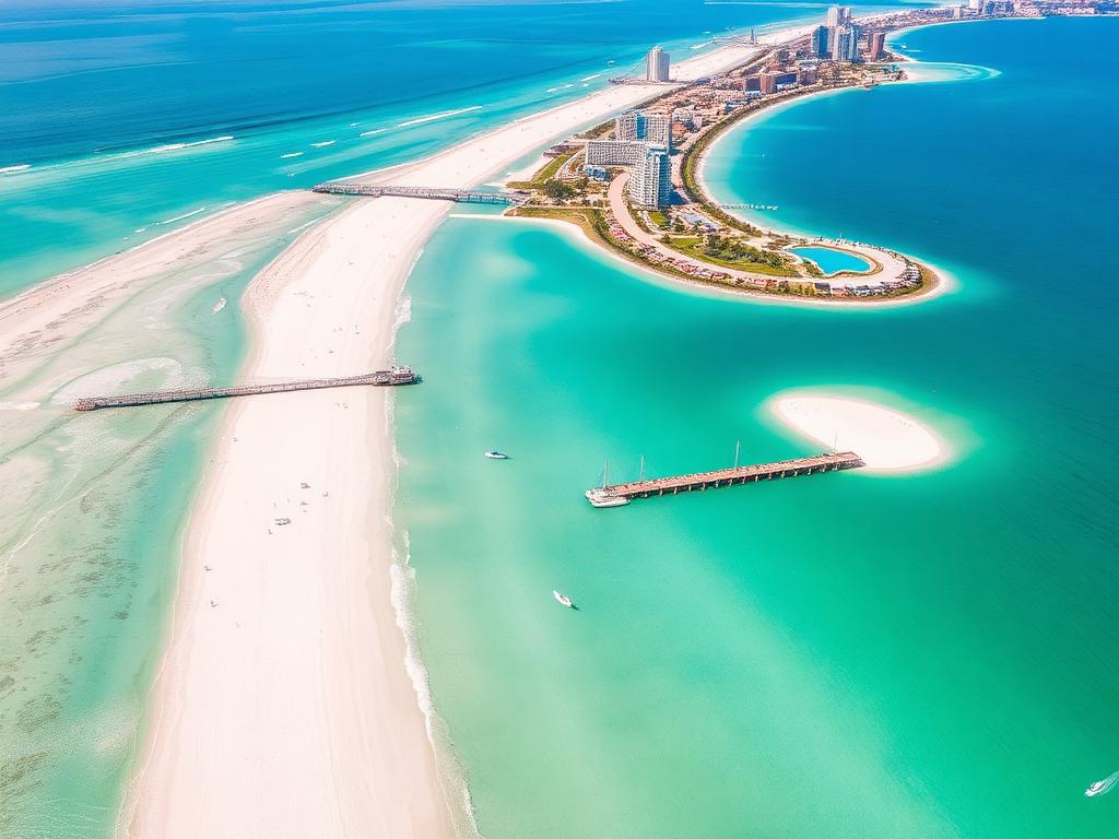 Aerial view of Clearwater Beach with white sand and turquoise Gulf water