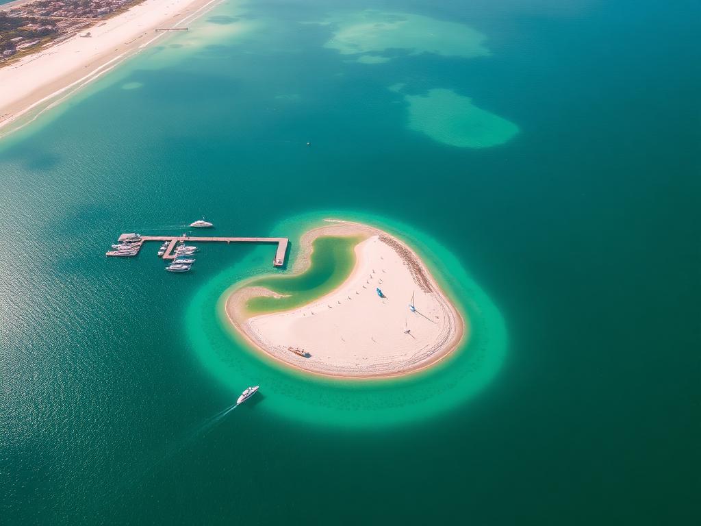 Aerial view of Crab Island and the emerald water of Destin, Florida