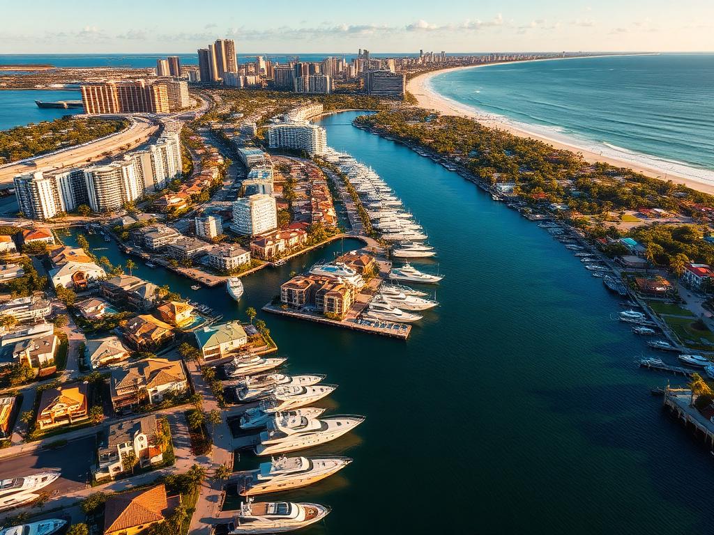 Aerial view of Fort Lauderdale waterways lined with yachts and mansions