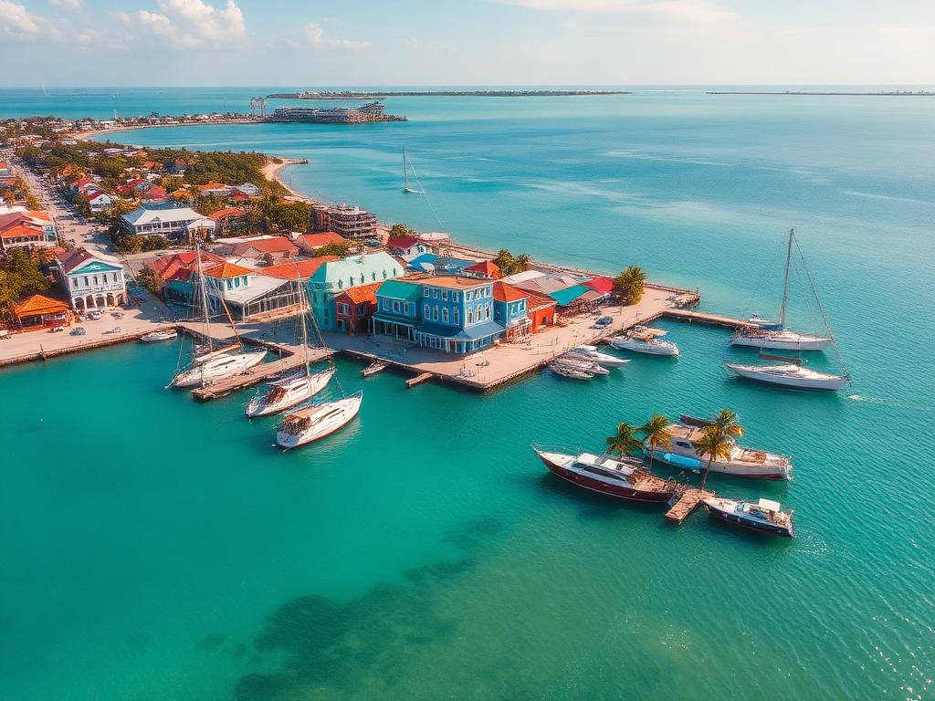 Aerial view of the Key West harbor with sailboats and colorful waterfront