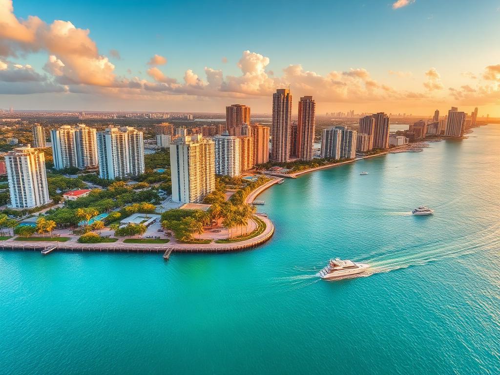 Aerial view of the Miami skyline and Biscayne Bay with boats