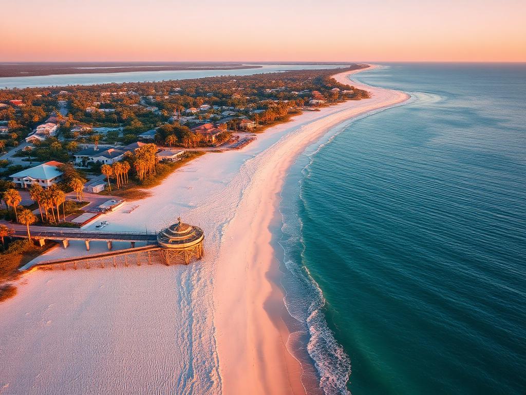 Aerial view of the Naples pier and white sand beach at sunset