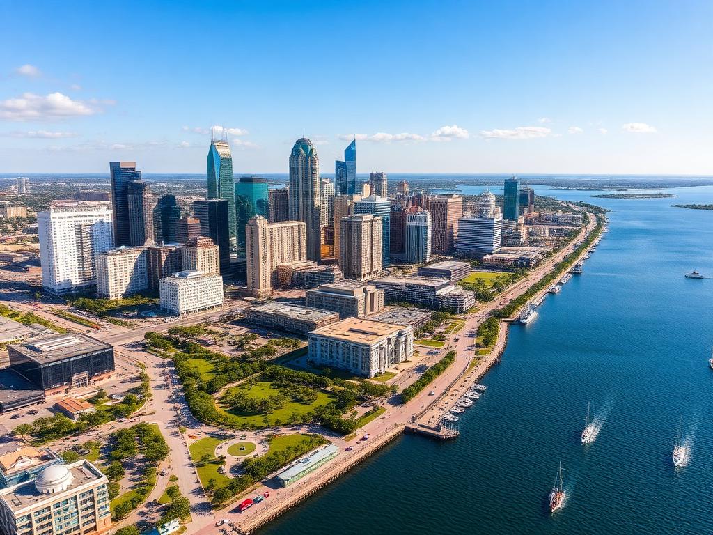 Aerial view of downtown Tampa along Tampa Bay
